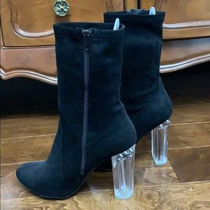 Black suede booties with clear heel